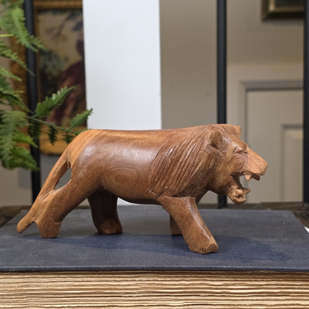 Vintage African Hand Carved Roaring Lion Statue 6.5" Hardwood Power & Protection